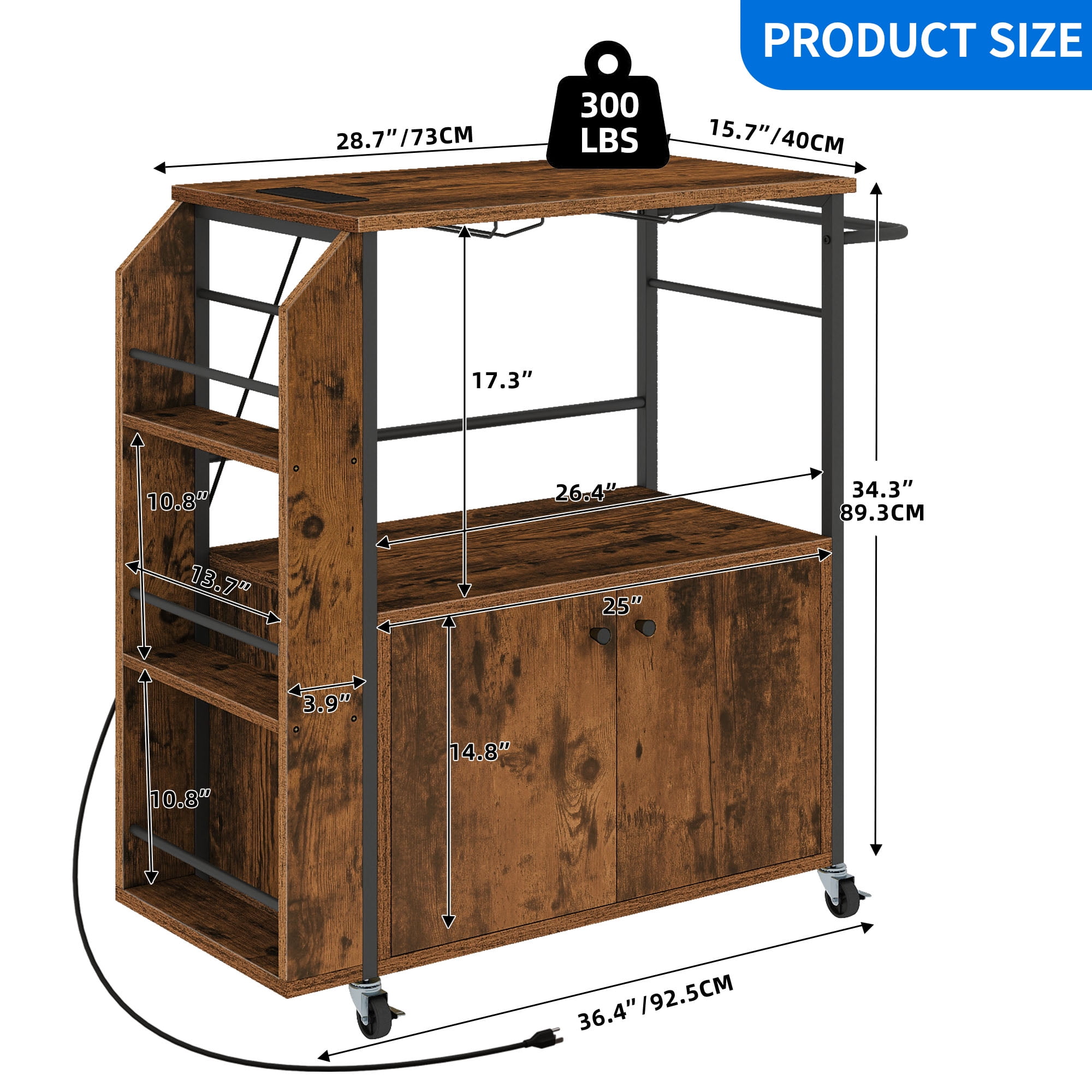 Uforic Kitchen Storage Cart with Power Outlets & Doors, Kitchen Trolley with Storage Shelves, Brown