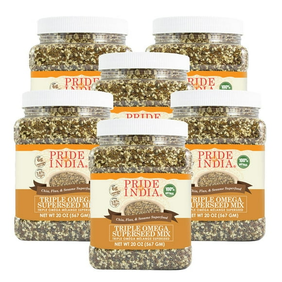 Pride Of India - PACK of 6 - Triple Omega Superseed Mix - Protein, Fiber, Calcium, Iron, Omega-3, Omega-6, & Thiamin Rich Superfood w/ Chia Flax & Sesame Seeds, 1.25 Pound (20oz) Jar