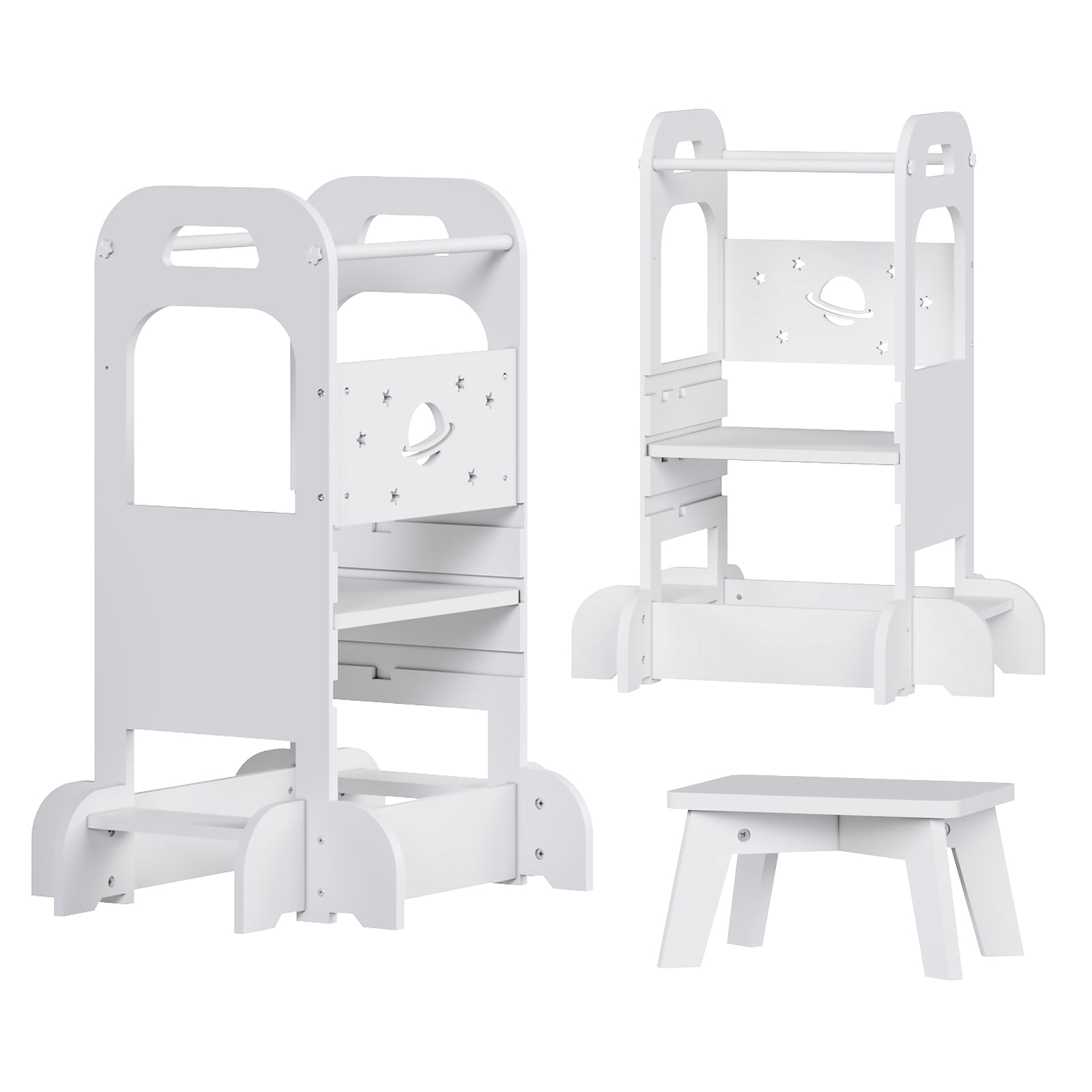 Yoneston Toddler Tower with Stool, Sky Pattern Designed Toddler Kitchen Kids Step Stool Helper with Safety Protection, White