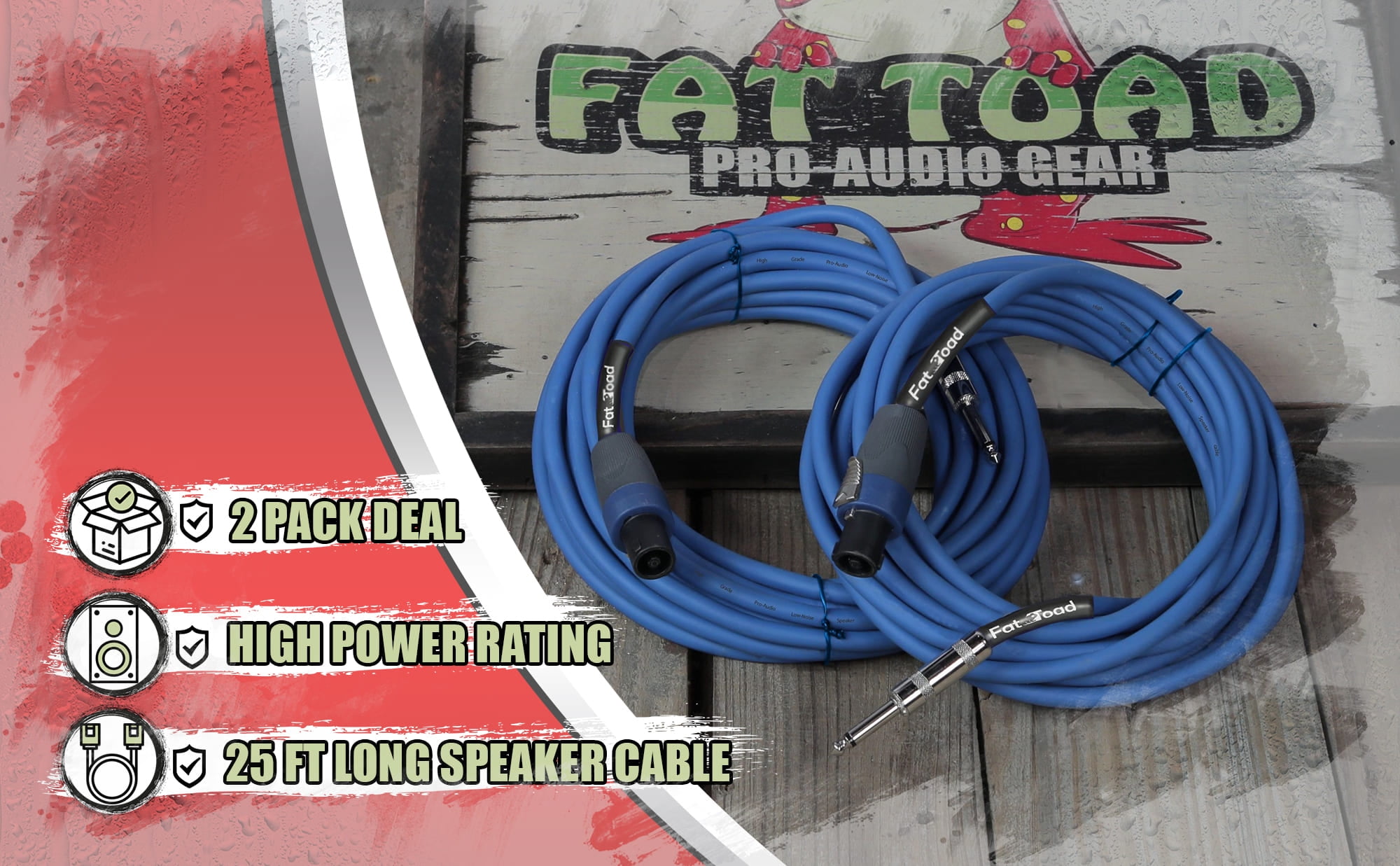 Fat Toad Speakon Cables to 1/4" Male (2 Pack) - 25 ft Professional Pro Audio Blue Speaker PA Cord with Twist Lock Connector - 12 AWG Wire for Impeccable Studio Recording & Stage Performance Gear
