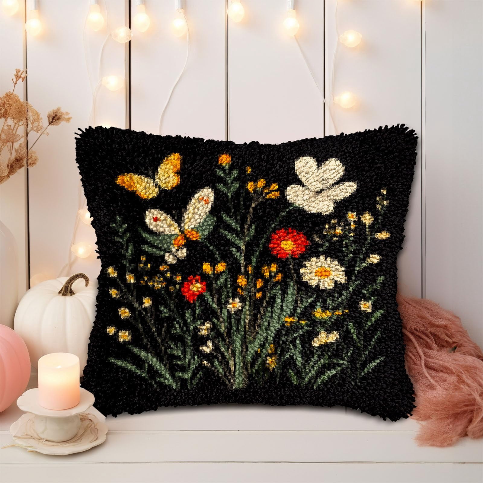 DIY Latch Hook Pillow Kits for Adults Wild Flowers and Butterflies Printed Pillowcase Crochet Yarns Hooking Handmade Pillow Cover Cushion for Home Sofa Decoration 17x17inch-1