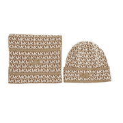 Michael Kors Women's Scarf & Hat Set Reversible Dark Camel White Gold One Size