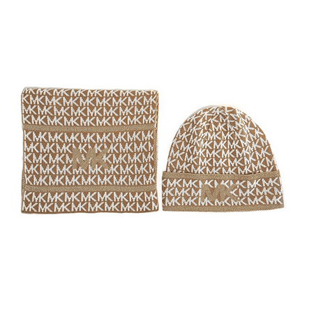Michael Kors Women's Scarf & Hat Set Reversible Dark Camel White Gold One Size