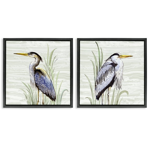 Stupell Industries Coastal Birds on Birch Animals Painting Black Floater Framed Canvas Art Print Wall Art, 18 x 18, Set of 2