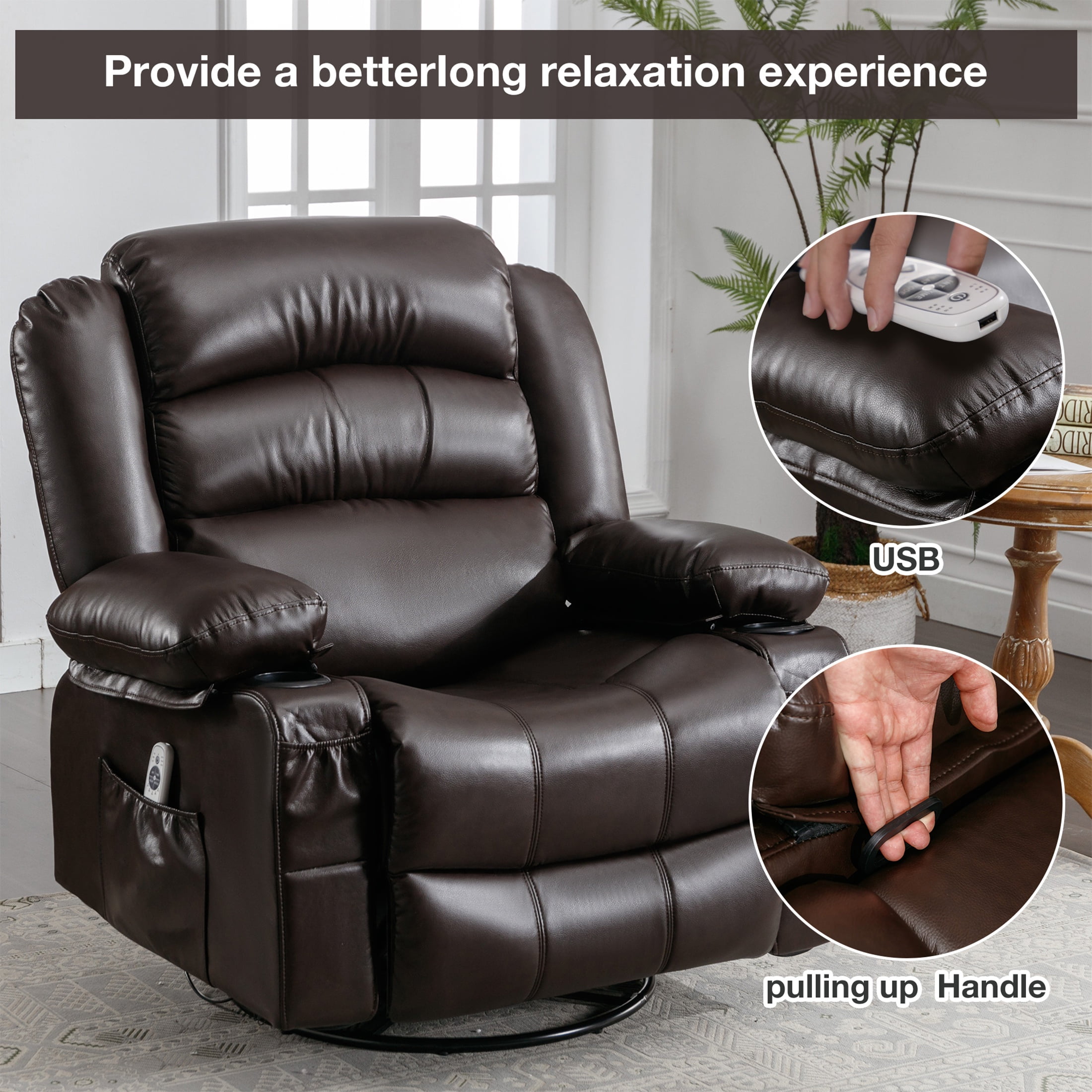 UHOMEPRO Massage Swivel Rocker Recliner Chair, PU Leather Rocking Sofa Home Recliner with Side Pockets Cup Holder and USB Charge Port, 360-degree Rotation, 30-degree Rocking, Brown
