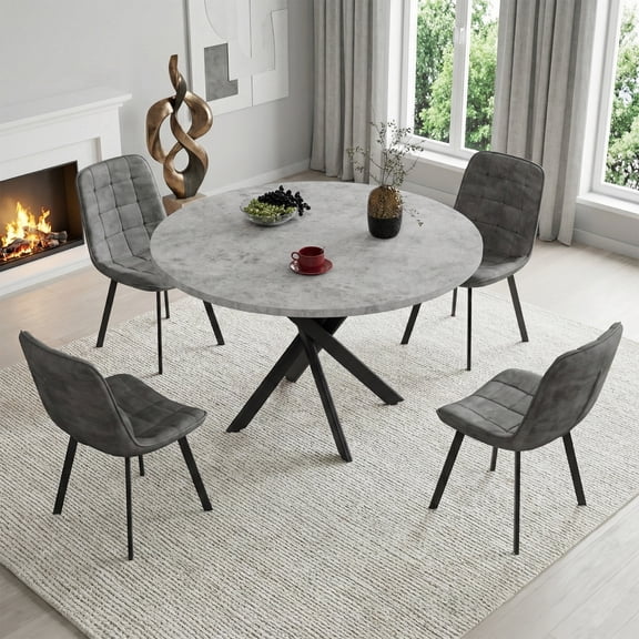CANVORA Round Dining Table Set for 4, Modern Kitchen Table and Chairs with X-Shaped Legs & U-Shaped Thick Cushion, Wooden Dining Set for Dining Room or Kitchen
