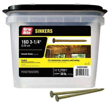 Grip-Rite 16D 3-1/4 in. Sinker Coated Steel Nail Flat Head 30 lb Grip-Rite 16D 3-1/4 in. Sinker Coated Steel Nail Flat Head 30 lb