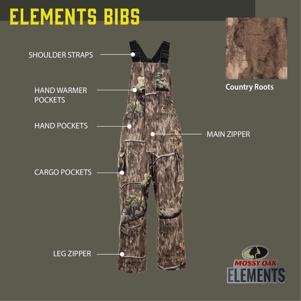 Mossy Oak Elements Youth Sherpa Lined Waterproof Hunting Bib, Mossy Oak Country Roots, Size Youth 2X-Large