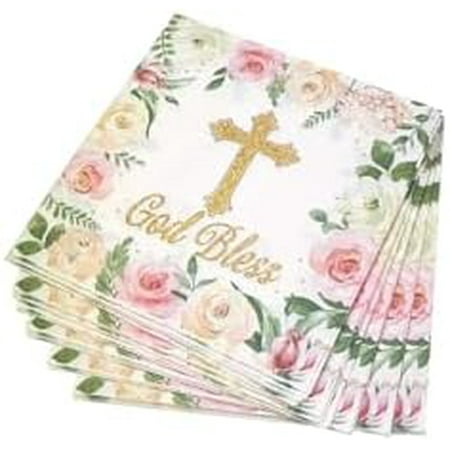 40Pcs Floral God Bless Napkins Baptism Cross Paper Napkins Religious Disposable Napkins First Communion Holy Christening Party Napkin for Christening Celebration Baby Shower Party(6.5 In)