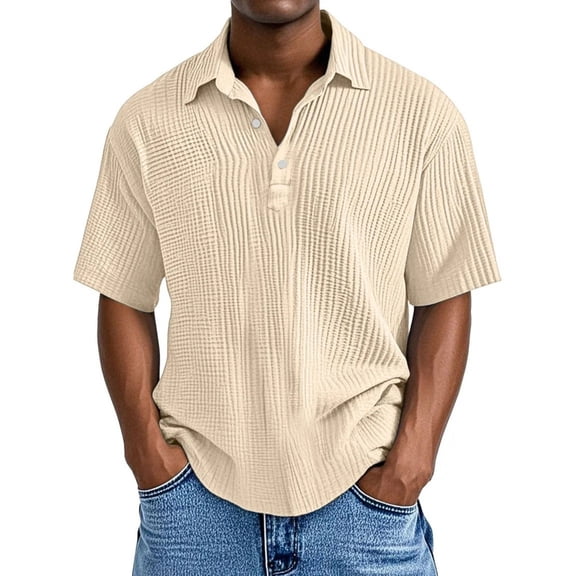 WTOBBY Men's Casual Short-Sleeve Shirt with Collar and Buttons Solid Color, Lightweight, Breathable, and Versatile Stylish Top for Men, Perfect for Business, Casual,Beige L