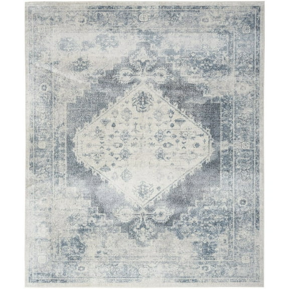 9' x 12' Blue and Ivory Oriental Power Loom Distressed Area Rug