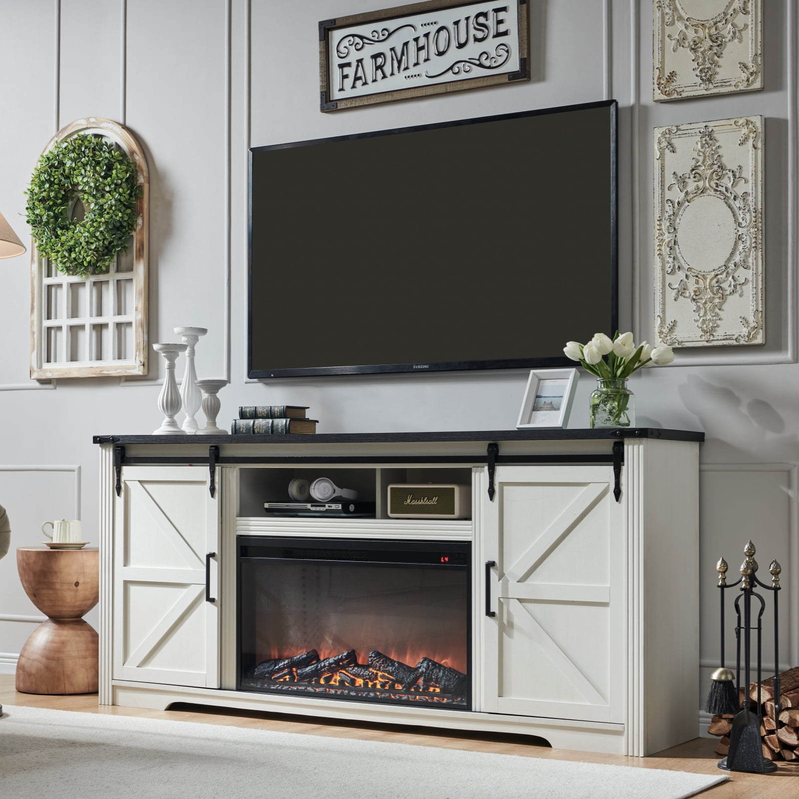 T4TREAM Farmhouse TV Stand for TVs up to 80", Entertainment Center with 30" Electric Fireplace and Sliding Barn Door&4 Drawers Storage Inside, Off White