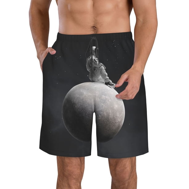Balery Astronaut Sitting On Mercury Planet Traje de Baño Estilo Hawaiano para Hombre, Shorts de Secado Rápido con Bolsillos-Small