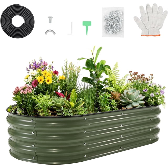 YUSAZENS 4x2x1ft Galvanized Raised Garden Bed Kit, Oval Metal Planter Box for Vegetables, Flowers, Herbs & Fruits, Open-Ended Base, Easy Assembly