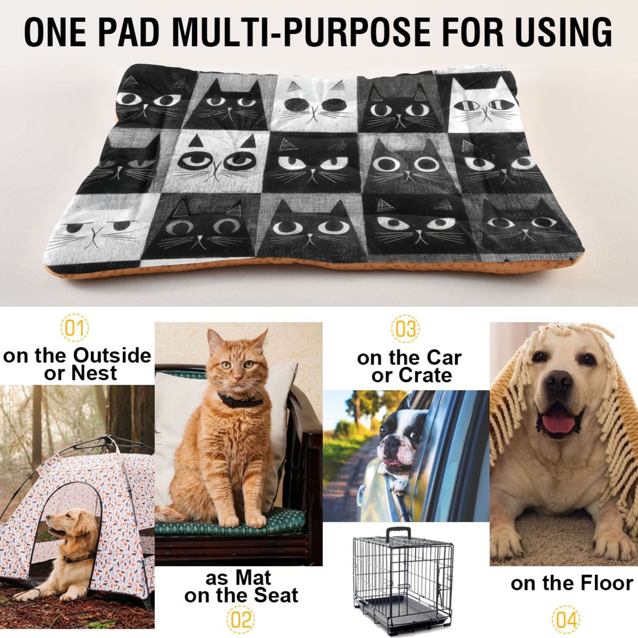 Cozy Mat Pet Bed Indoor Outdoor Warm Soft For Cat Dog Puppy(S/M) Black White Cat Squares
