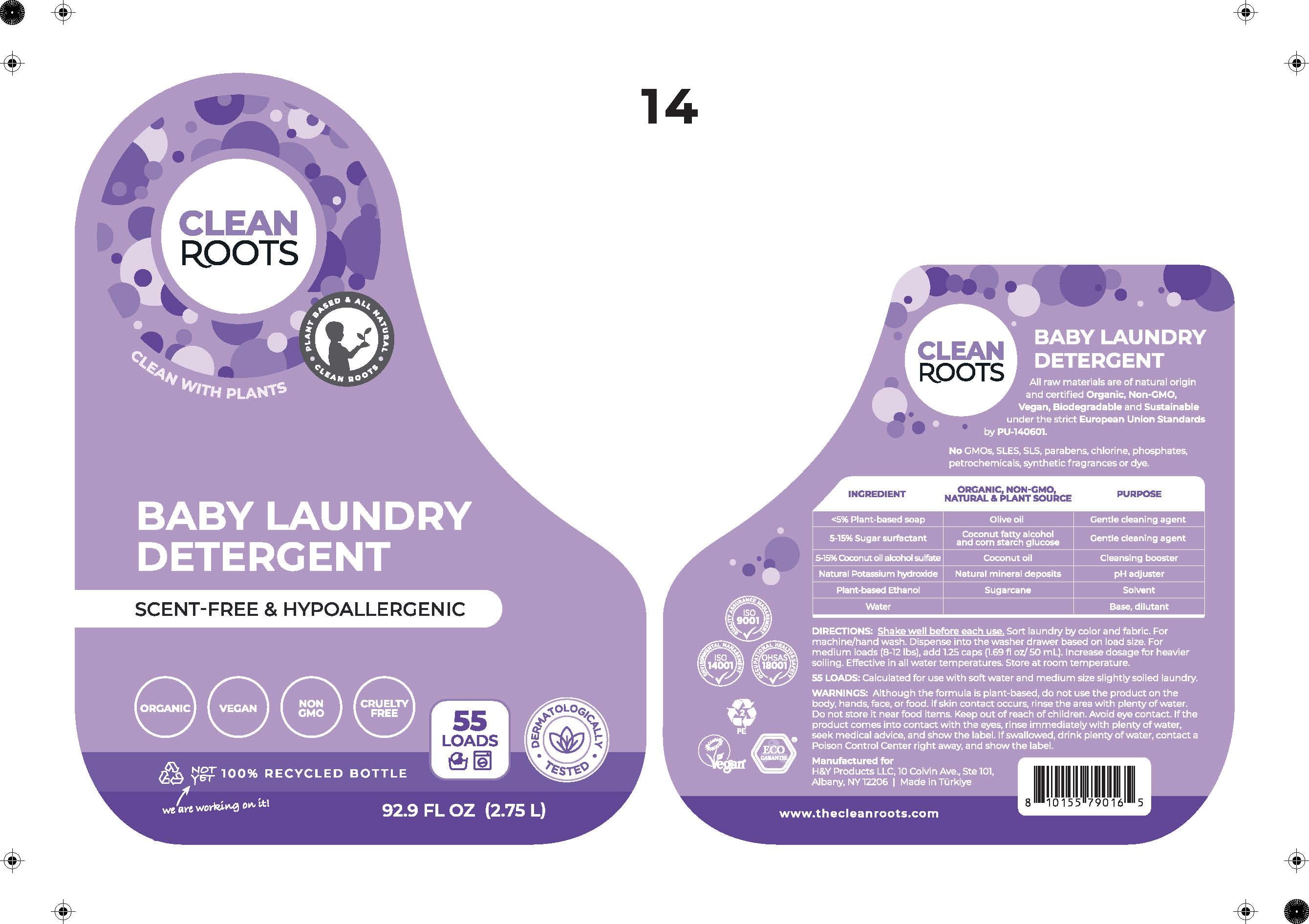 Clean Roots Baby Laundry Detergent, EcoGarantie Certified 100% Organic & Natural, Scent-Free & Hypoallergenic, Dermatologically Tested & Approved - 55 Loads, 92.9 fl. oz (2.75 L)