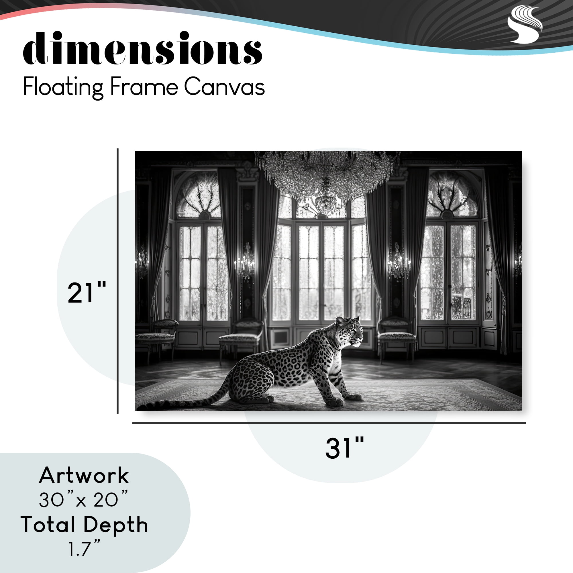 Snow Leopard in Opulent Mansion Gray Framed Floater Canvas Wall Art, design by Decent Exposures