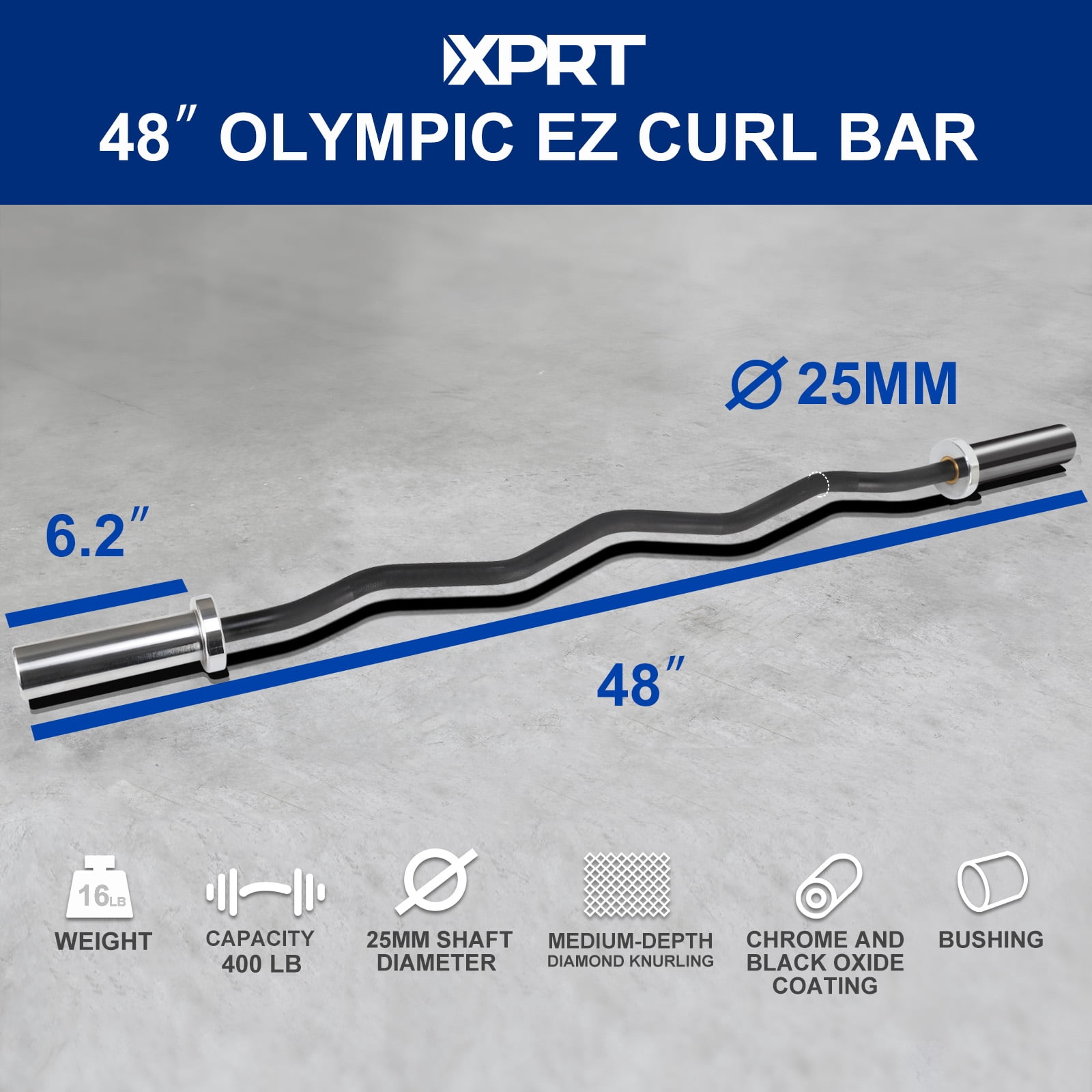 XPRT Fitness 48'' Olympic EZ Curl Barbell Bar Weightlifting Rated 400lbs