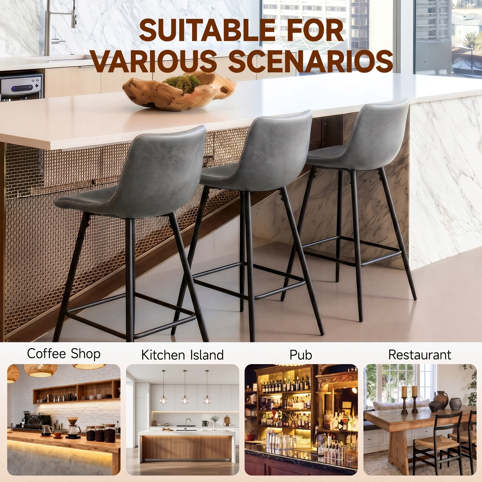 COOLHUT 24 Inch Bar Stools Set of 2, Counter Height Bar Chair with Footrest, Upholstered Faux Leather Bar Chair, Counter Stools with Sturdy Metal Legs, Heather Gray