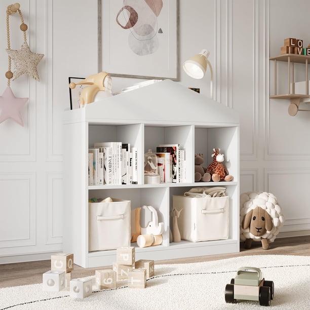 Yeshouse Estantería infantil de 5 compartimentos con diseño de casita, organizador de juguetes blanco