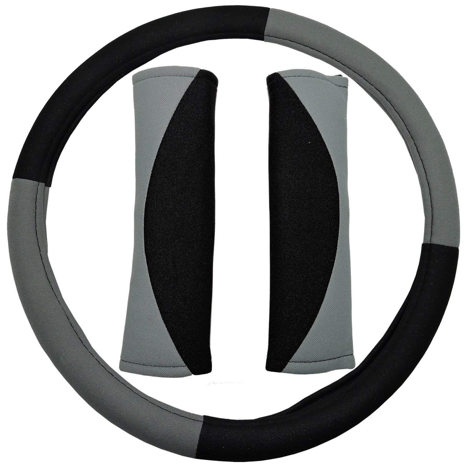 U.A.A. Inc. 3pc Gray & Black Steering Wheel cover & Seat Belt Shoulder