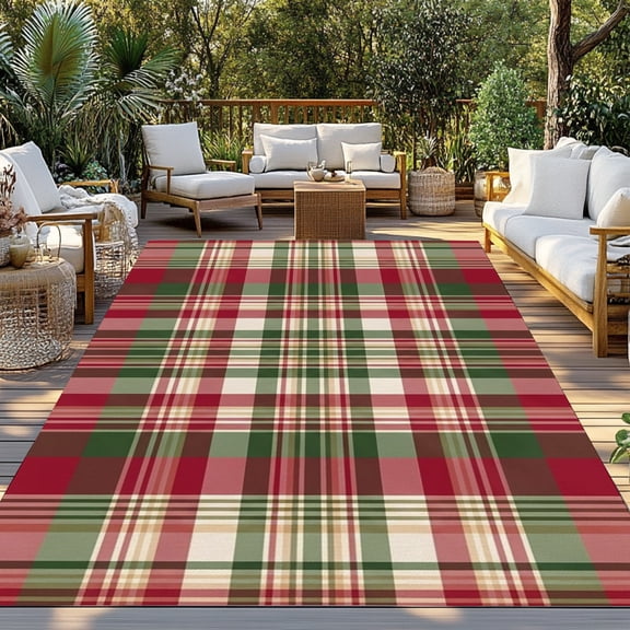 Scottish Tartan Plaid Indoor Outdoor Rugs 4x6 Ft, Green Gingham Plaid Vintage Geometric Grid Outdoor Patio Rugs Mat Washable Outside Area Rugs Carpet for Porch Deck RV Camping Pool Balcony Backyard