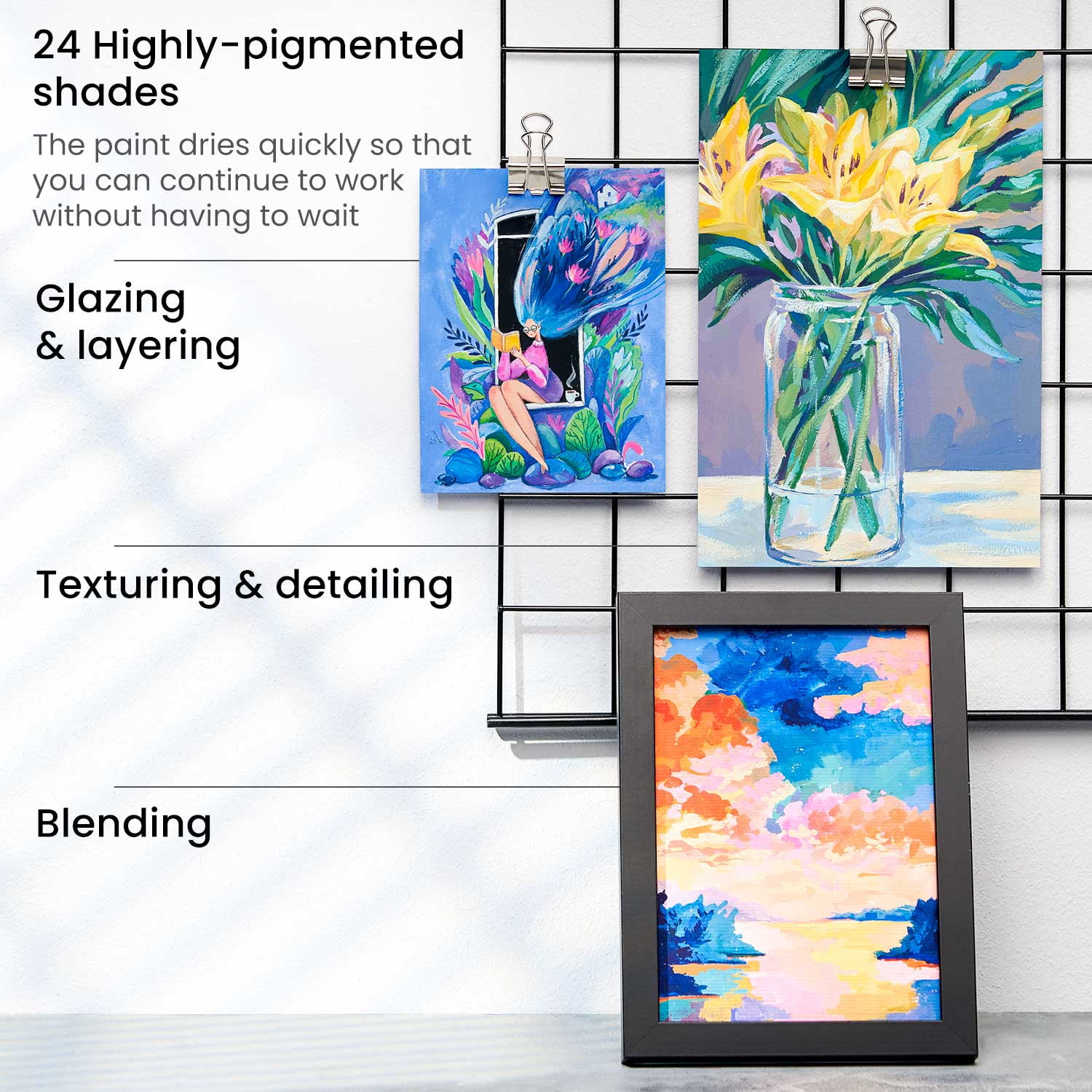 Arteza Acrylic Gouache Paint, Matte Finish, Multicolor, Set of 24, 12 mL