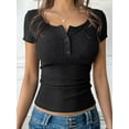 thumbnail image 6 of Women'S Summer Short Sleeve U Neck T Shirts Casual Ribbed Button Henley Knit Tops Blouse Black L, 6 of 9