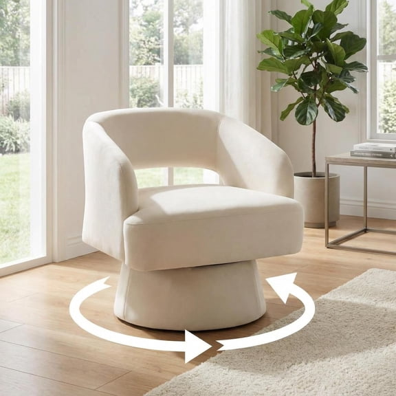 Modern Swivel Barrel Accent Chair, 360° Velvet Upholstered Armchair with Striped Backrest & Plush Padding, Comfy Round Lounge Chair (1, Beige   Hollowed)