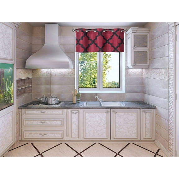 1-Piece Moza Burgundy/Black Geometric Blackout Bronze Grommet Window Panel Valance 37" Wide X 18" Length
