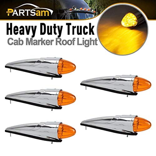Partsam 5PCS 17 LED Amber Torpedo Cab Marker Roof Running Top Lights Assembly Super Bright Chrome Heavy Duty Trucks Replacement for Volvo International Kenworth/Peterbilt/Freightli