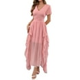 thumbnail image 3 of Women'S Casual Summer V Neck Flutter Ruffle Short Sleeve Irregular Hem High Waist Flowy Midi Dresses Pink S, 3 of 9