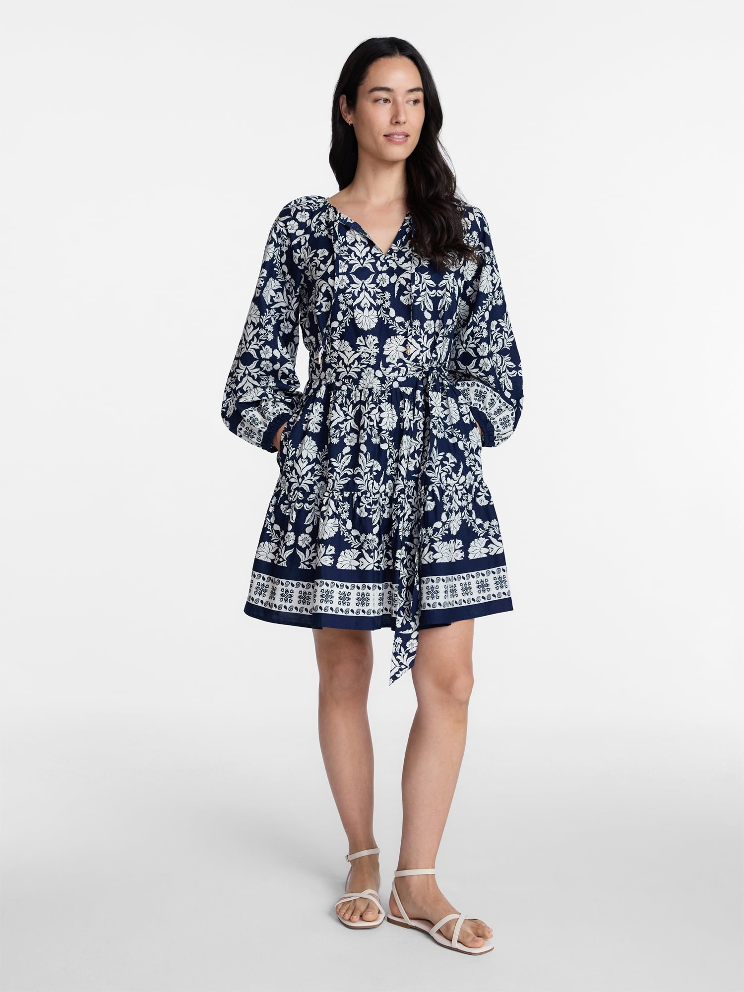 Time and Tru Women's and Women’s Plus Tie Neck Mini Peasant Dress, Sizes XS – 4X