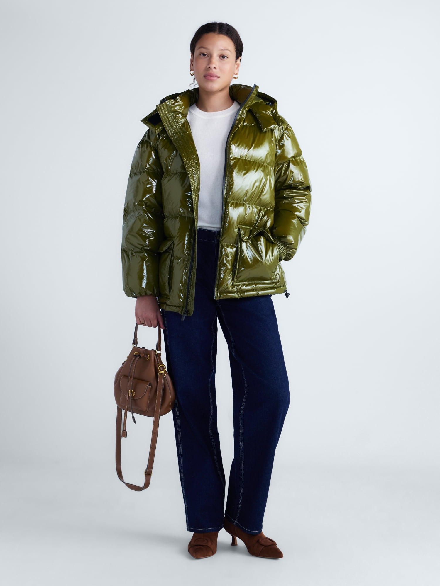 Free Assembly Women's High Gloss Puffer Parka Jacket with Hood, Sizes XXS-XXL