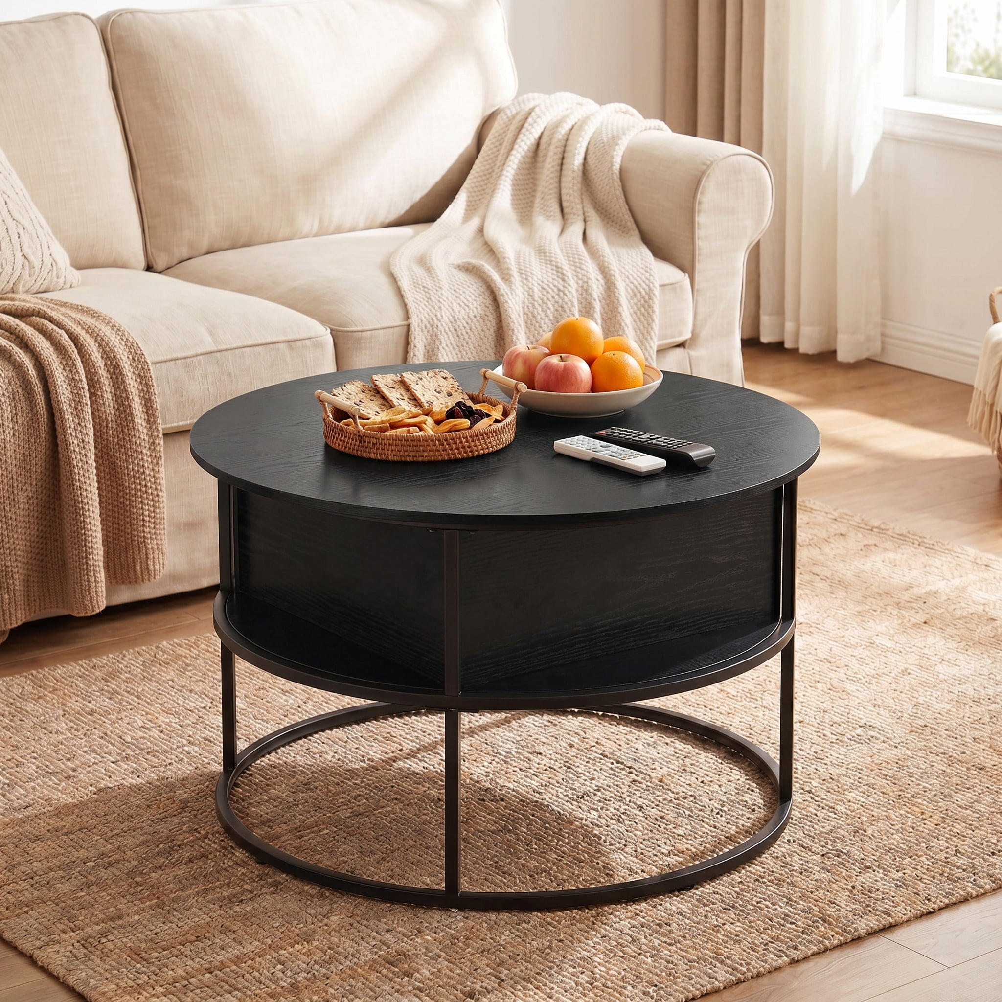 Cenovo Round Lift-Top Coffee Table with Hidden Storage and Open Shelf Modern Farmhouse Center Table for Living Room,Black
