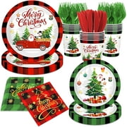Christmas Paper Plates and Napkins,Red Green Buffalo Plaid Christmas Paper Dinnerware Xmas Tree Santa Claus Plates and Napkin Cups for Winter Themed Xmas Holiday Supplies