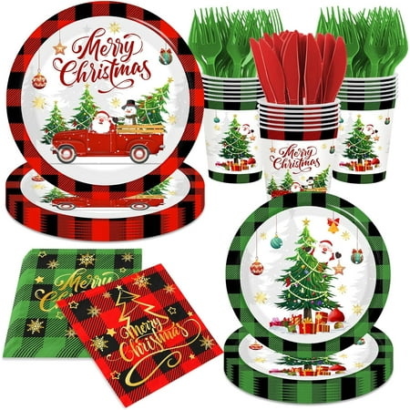 Christmas Paper Plates and Napkins,Red Green Buffalo Plaid Christmas Paper Dinnerware Xmas Tree Santa Claus Plates and Napkin Cups for Winter Themed Xmas Holiday Supplies
