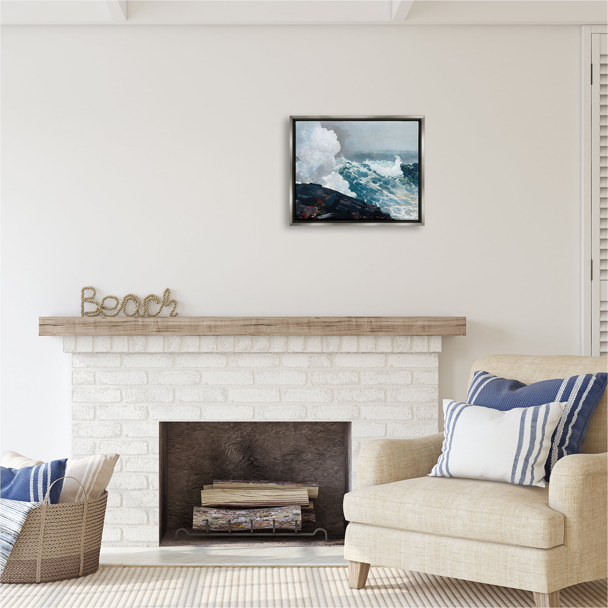 Stupell Industries Ocean Waves & Cliffs Landscape Painting Gray Floater Framed Canvas Art Print Wall Art, 21 x 17