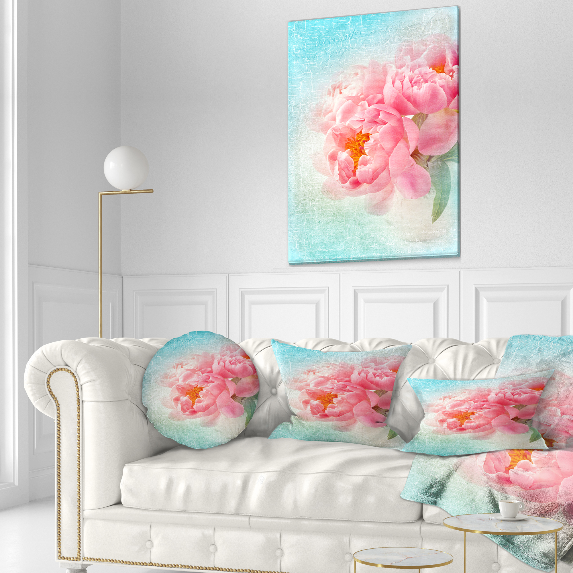 Designart Peony Flowers Merged to Blue - Floral Throw Pillow - 12x20