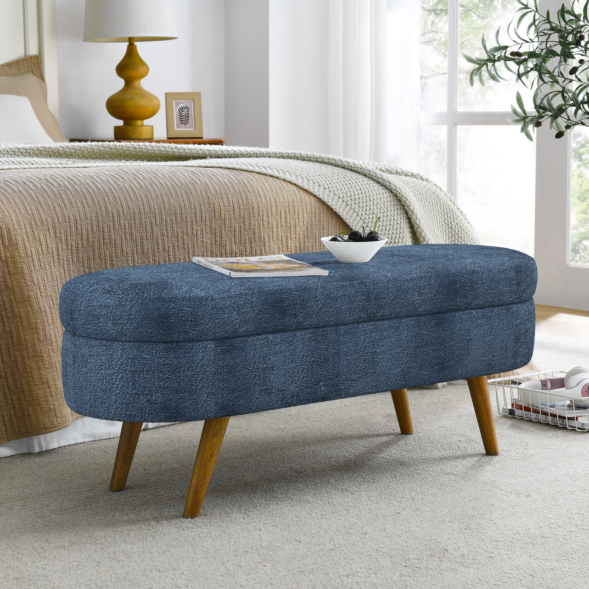 Gewnee Storage Ottoman Solid Rubberwood Legs Footstool Seat, Soft Cushion, with Storage Function, 26lbs, Suitable for Any Room（Dark Blue）