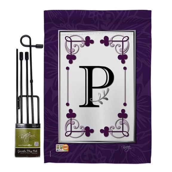 Breeze Decor BD-SB-GS-130016-IP-BO-D-US09-BD 13 x 18.5 in. Classic P Initial Interests Simply Beauty Impressions Decorative Vertical Double Sided Garden Flag Set with Banner Pole