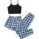 thumbnail image 1 of Conjunto de pijama a cuadros de 3 piezas para mujer, conjunto de pantalones cortos con pantalones, ropa de dormir Azul M Azul M Xishao ropa, 1 of 2