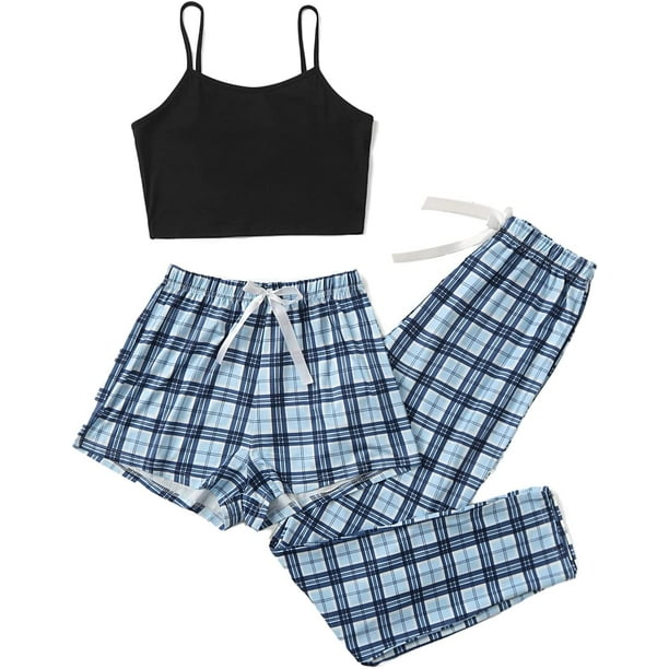 Conjunto de pijama a cuadros de 3 piezas para mujer, conjunto de pantalones cortos con pantalones, ropa de dormir Azul M Azul M Xishao ropa
