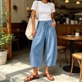 thumbnail image 5 of Wide Leg Capri Pants Women Flowy Cotton Drawstring Elastic Waist Cropped Pants Summer Casual Boho Beach Pants with Pockets Light Blue, 5 of 9