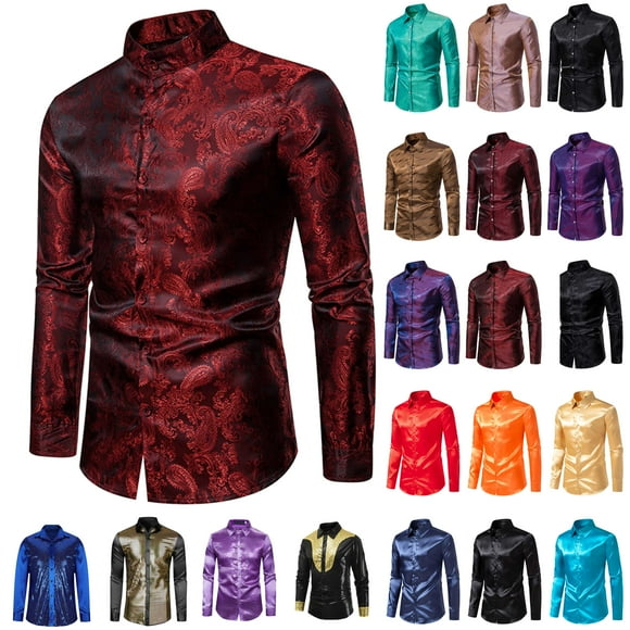 JURANMO Prime Sales Today Men's Shiny Satin Dress Shirts Slim Fit Long Sleeve Lapel Business T-Shirt Solid Color Button Down Wedding Party Prom Shirt White L
