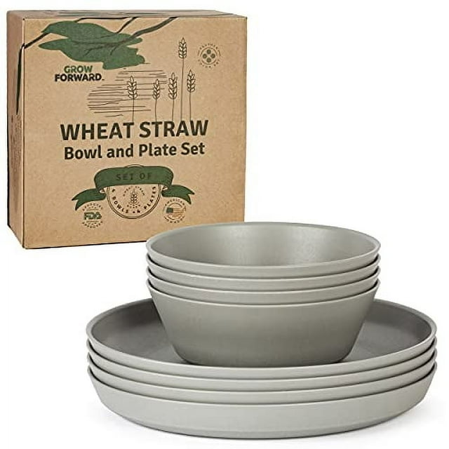 Grow Forward Premium Wheat Straw Dinnerware Sets - 8 Piece Unbreakable Microwave Safe Dishes - Reusable Wheatstraw Dinnerware Plates and Bowls Set for Cereal, Salad, Soup, Camping, RV, Dorm - Feather