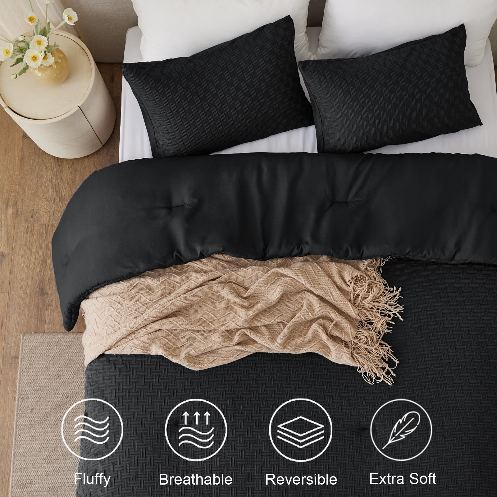 Whale Flotilla 2-Piece Jacquard Braid Ultra Soft Twin Comforter Set, Luxury Reversible Microfiber Comforters Twin Size Bedding Set with Pillowcase, Lightweight Duvet for All Seasons, Black