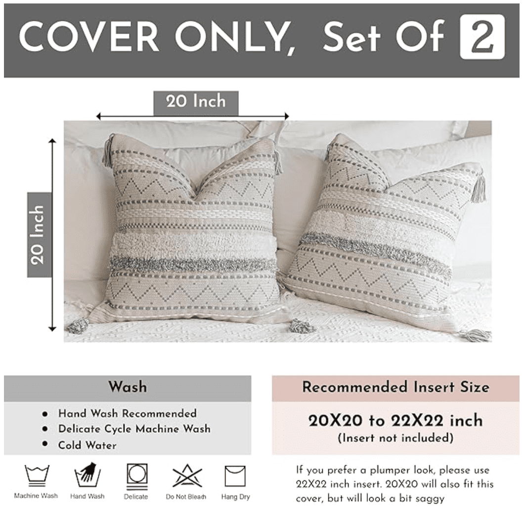 BlissBlush Gray Decorative Throw Pillow Cover 20x20 Combo Set of 2 Square Boho Neutral Grey Accent Pillowcase Tassels Farmhouse Cushion for Couch Sofa Bedroom Living Room Home Décor Cover ONLY
