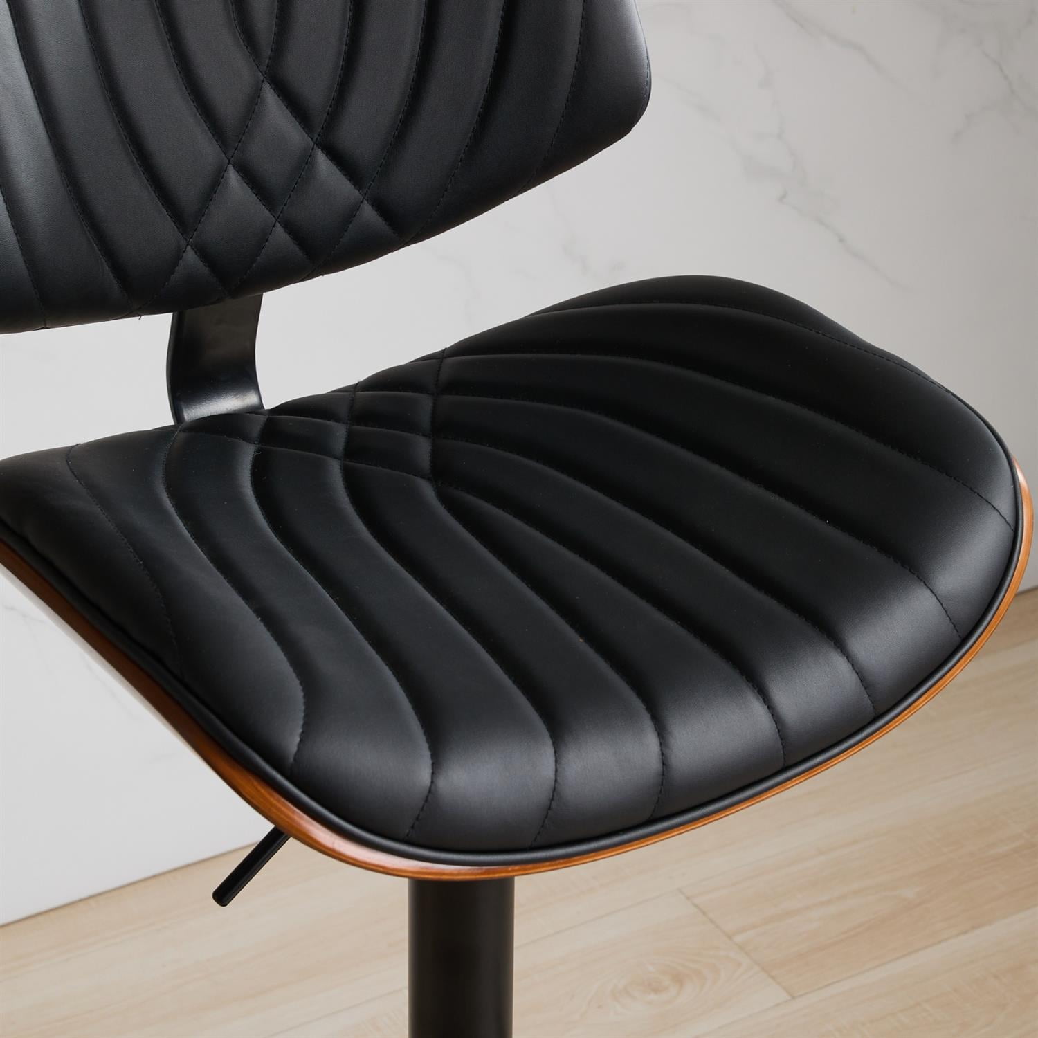 Demi Bonn 46" Adjustable Counter Height Walnut Bentwood Bar Stool Set of 2 with 360° Swivel, Black Leather Upholstery for Kitchen, Dining Room, Black