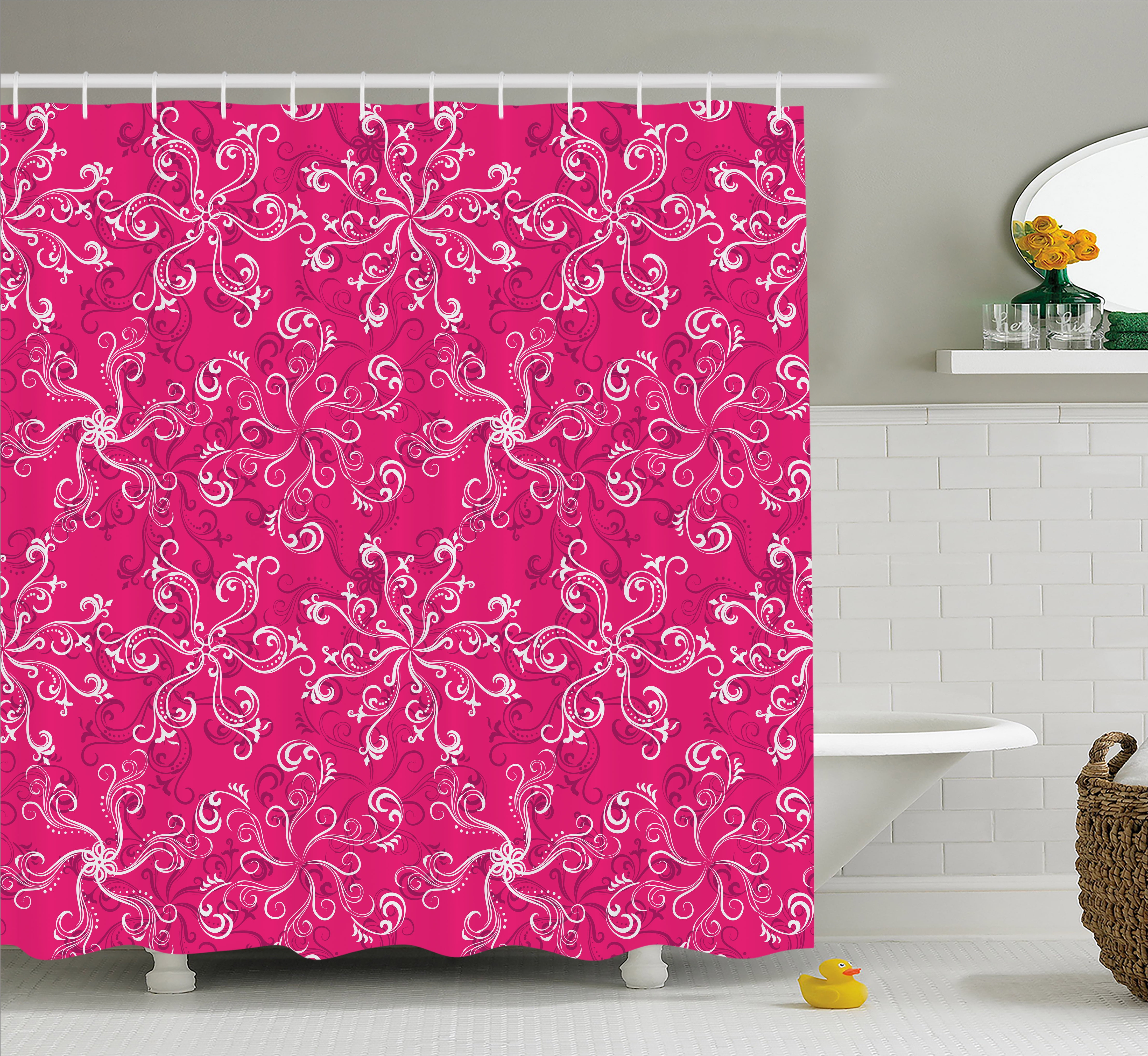 Hot Pink Shower Curtain, Floral Arrangement Pattern on Hot Pink